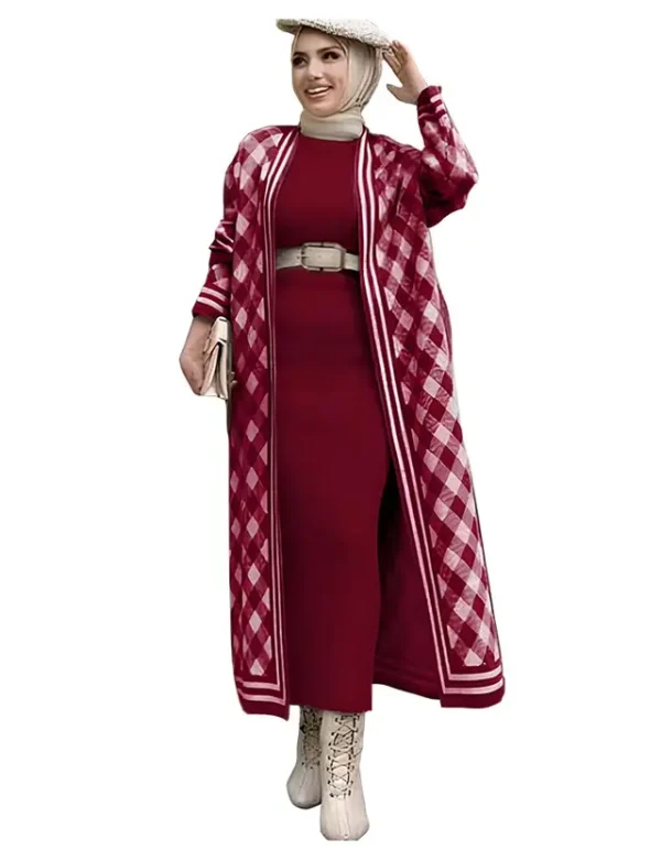 Elegant Burgundy Modest Maxi Dress with Checkered Open Abaya